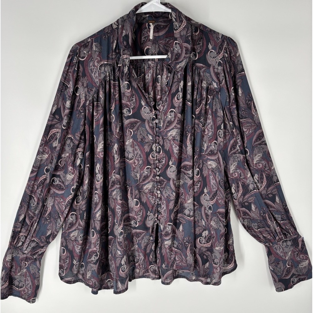 Free People Paisley Bell Sleeve Flowy Artsy Blouse Sz M Poet Boho 60s 70s Hippie - Picture 2 of 11